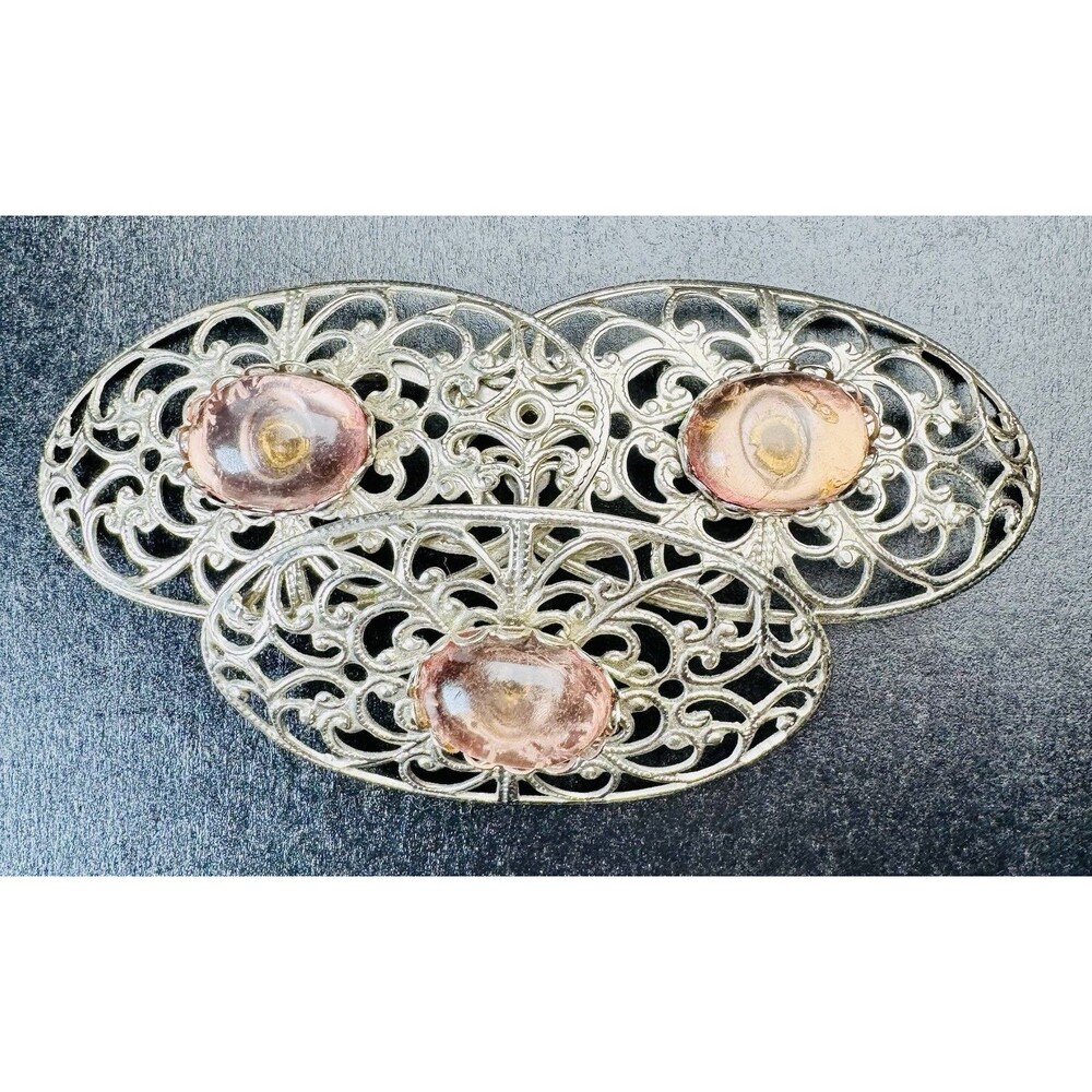 Vintage Filigree Brooch with Pink Glass Cabochons Oval Layered Design 4” Wide